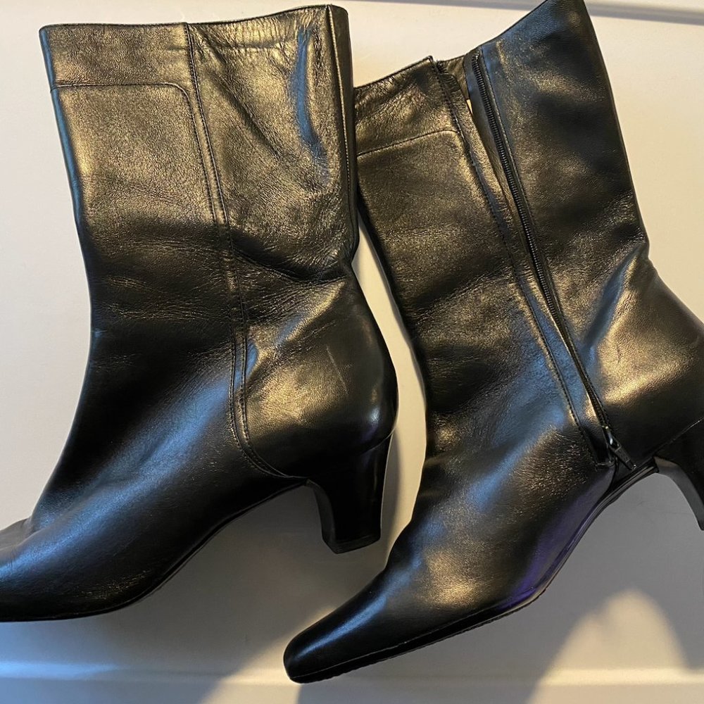 Cole Haan Black Leather 2” Heel Zip Up Boots